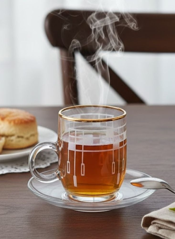 بريميم طقم فناجين شاي زجاجية بحافة ذهبية مع صحون مكوّن من ست قطع - Image 3